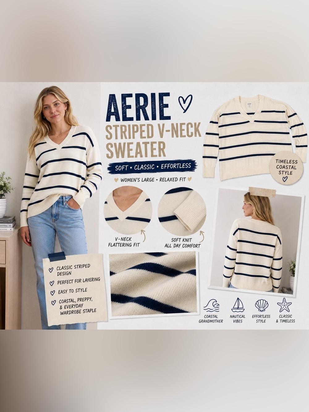 aerie Cream and Black Striped V-Neck Sweater Size L Coastal Nautical Minimalist